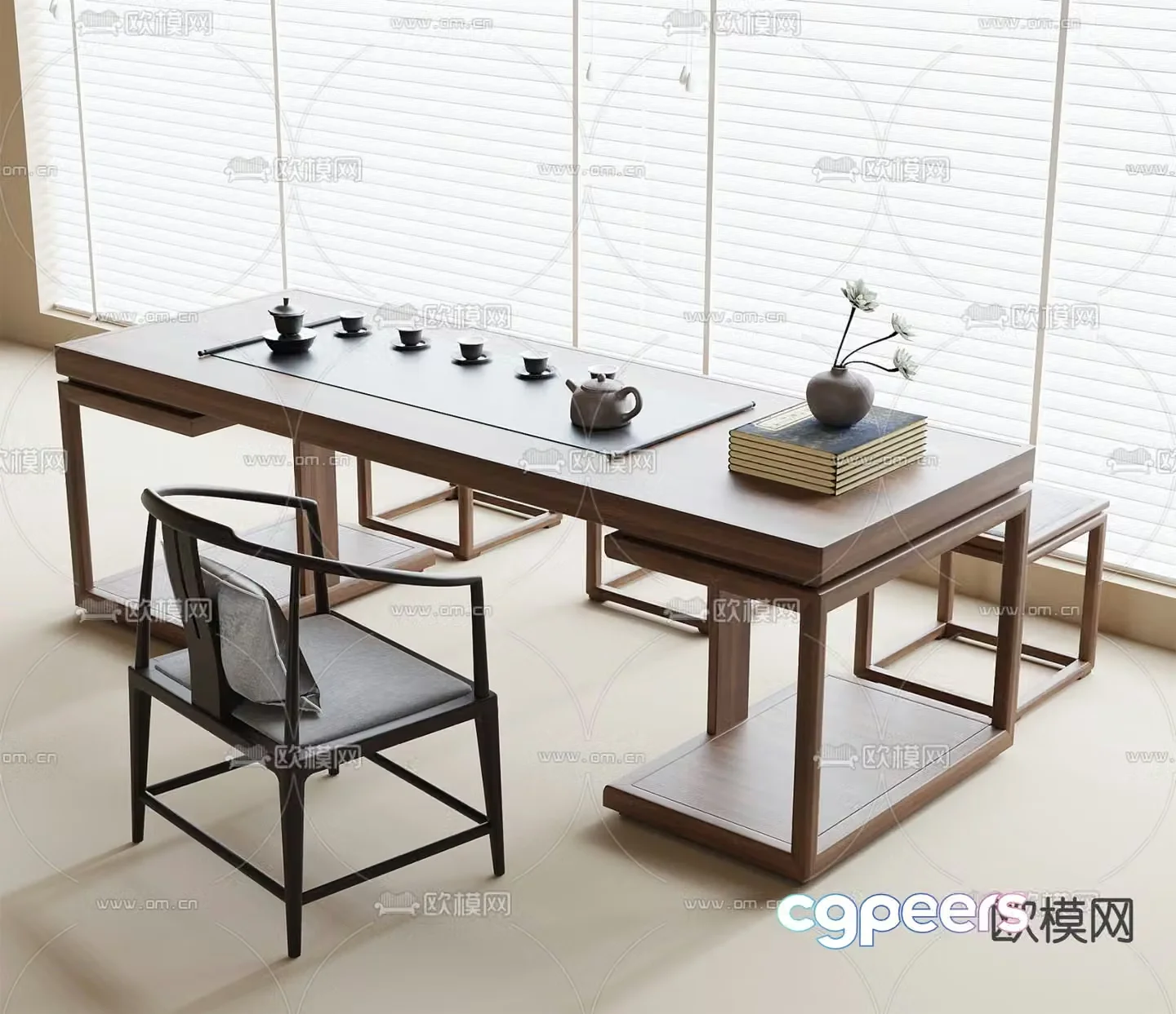 New Chinese tea table and chairs 3d model