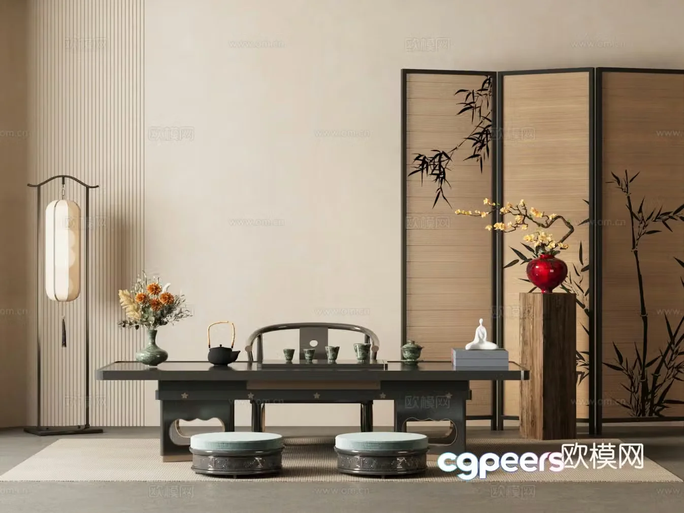 New Chinese-style tea room Tatami tea room Folding screen Floor lamp Floral ornament 3D model