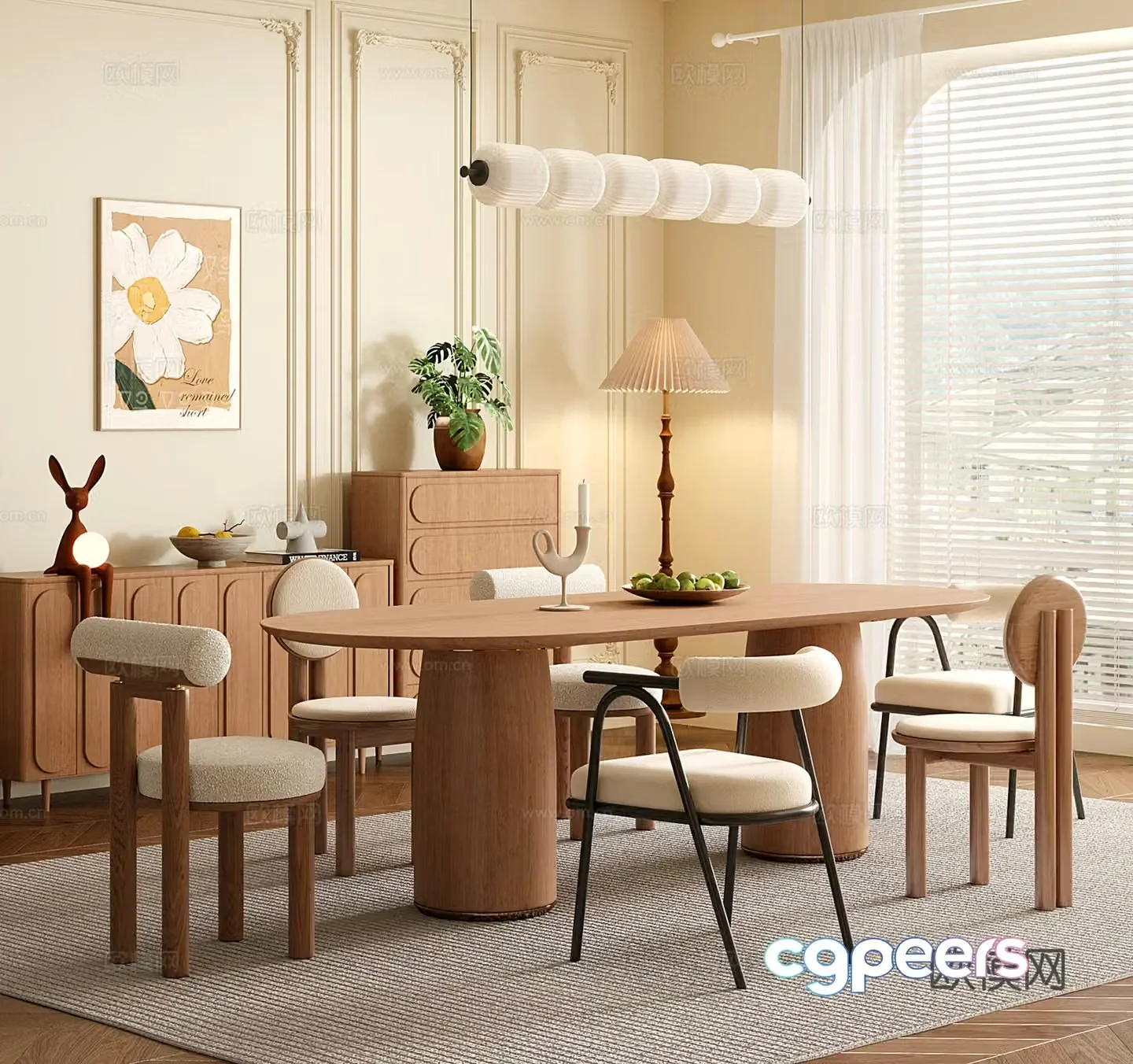 French restaurant dining table and chair sideboard 3d model