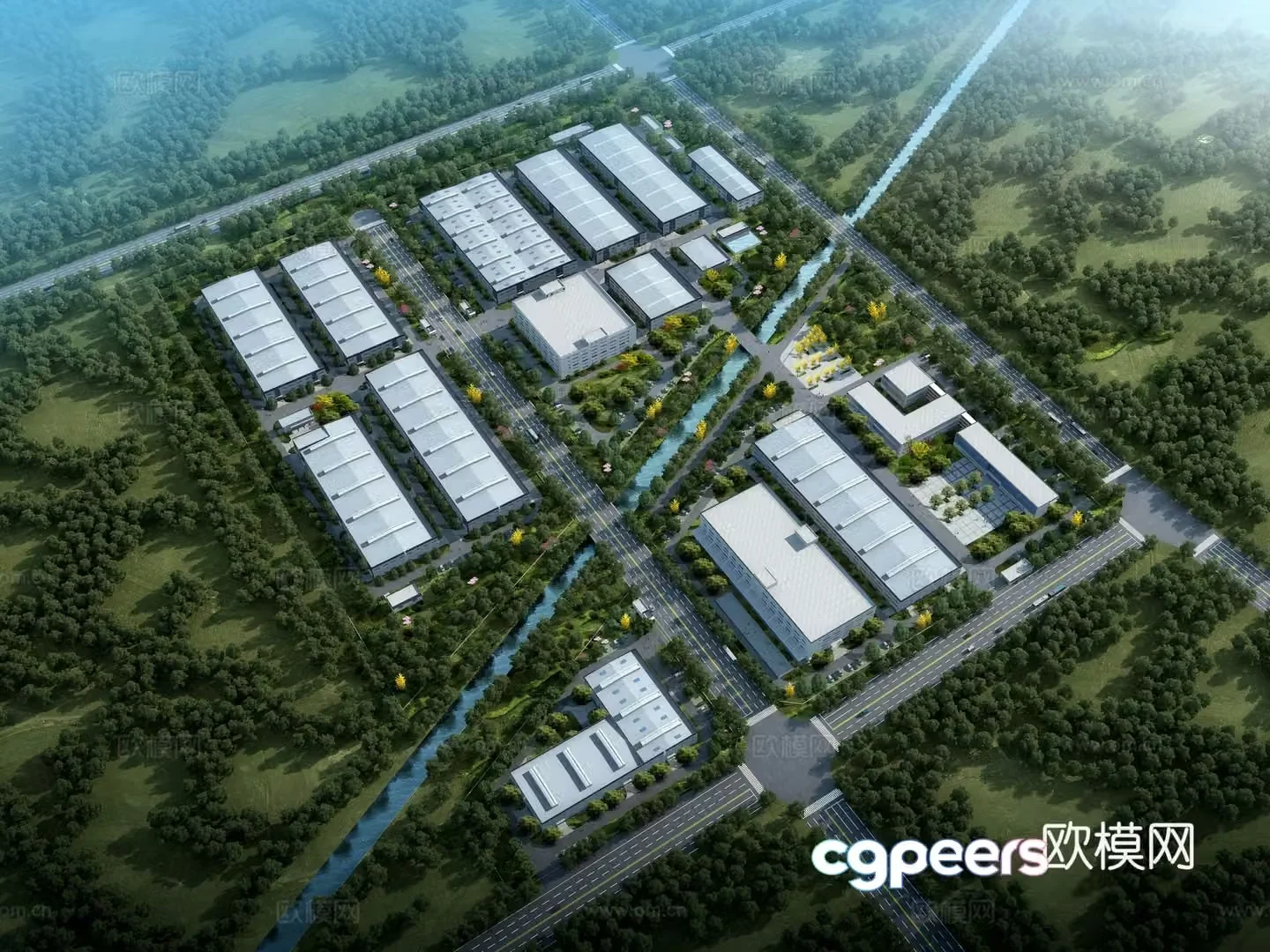 A bird’s eye view of the factory building 3D model