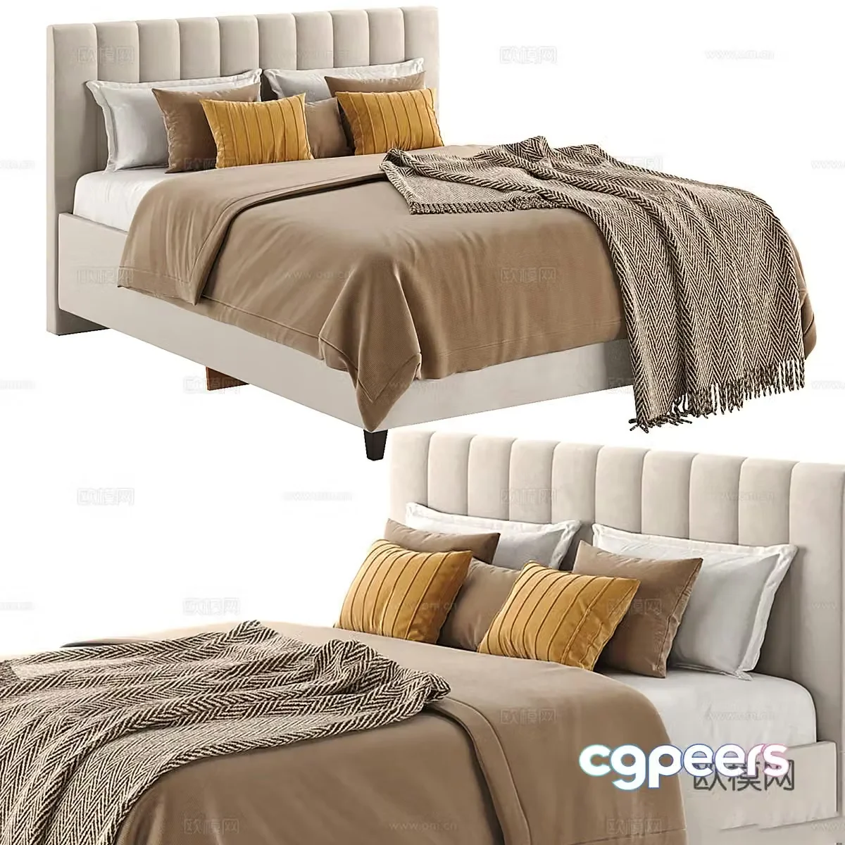 Modern cream style fabric double bed 3d model