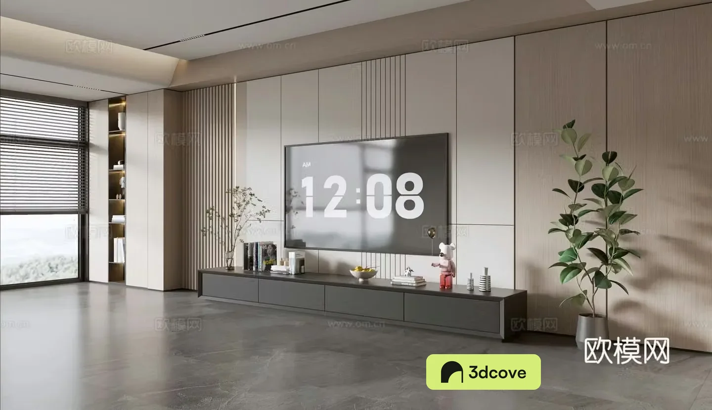 Modern simple living room light luxury TV background wall full wall TV cabinet wooden veneer background wall