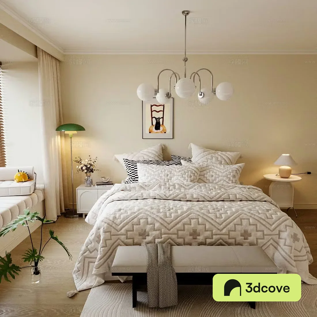 Creamy style bedroom fabric double bed retro style bedroom double bed creamy style double bed