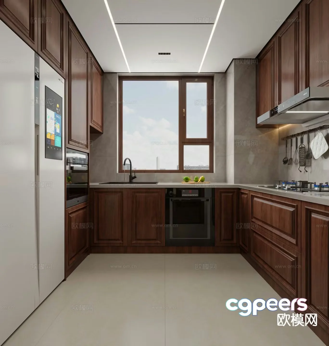 American retro style kitchen U-shaped kitchen 3D model