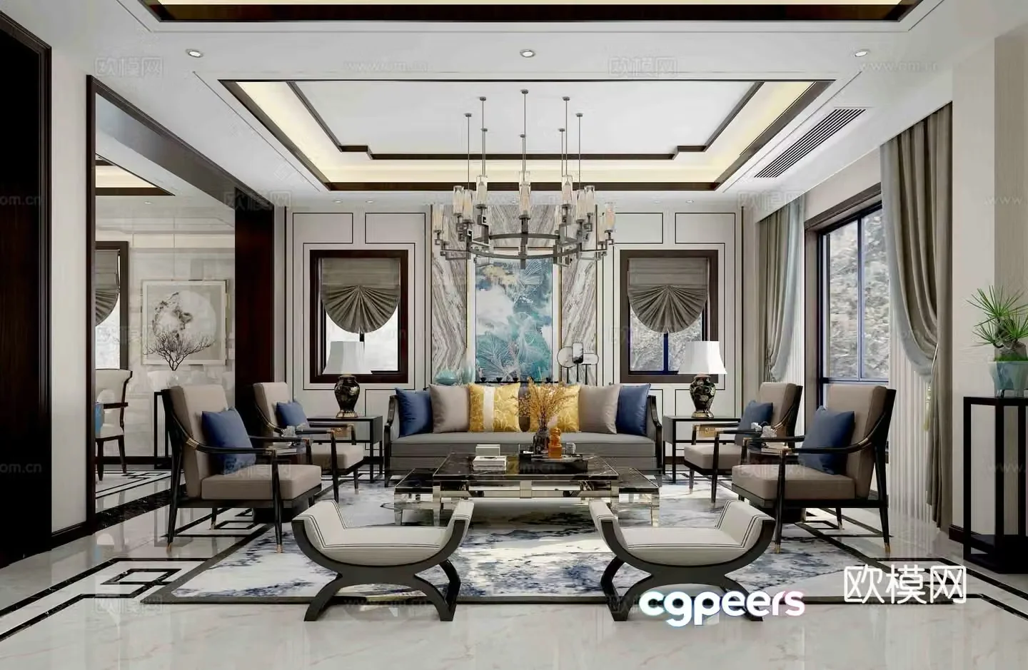Chinese style new Chinese style living room sofa combination chandelier curtain hanging 3D model