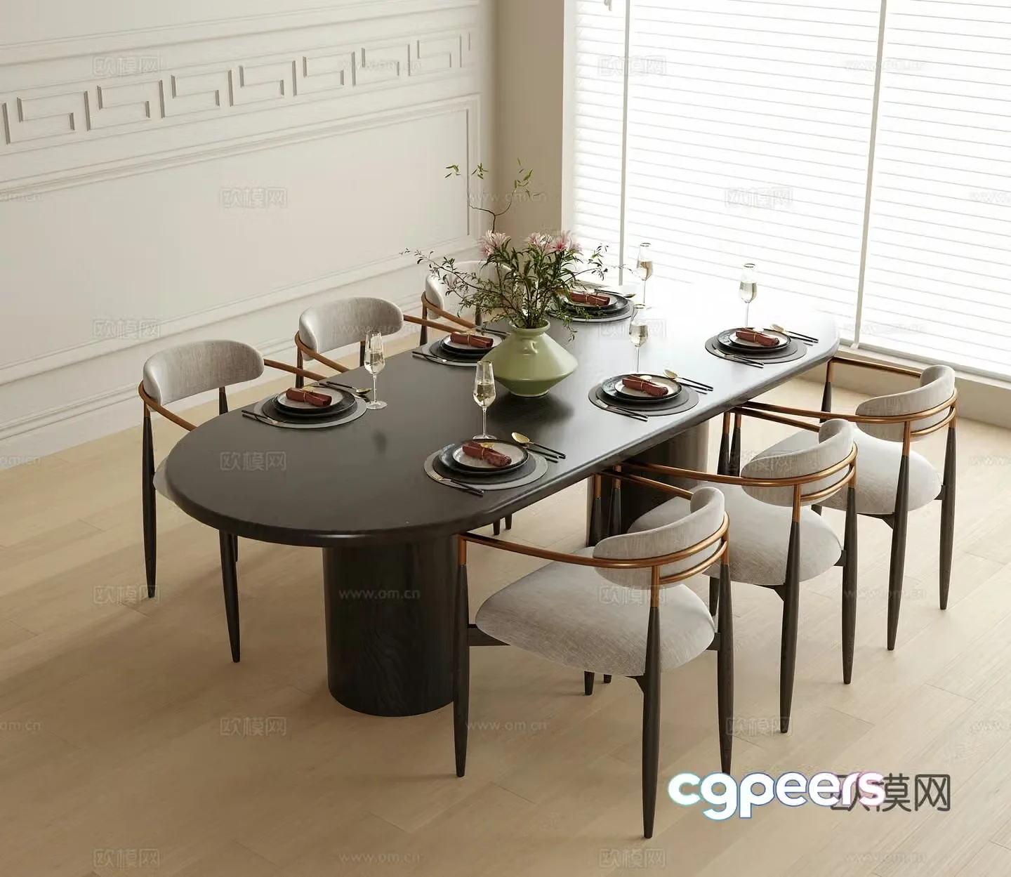 Modern dining table and chair dining chair tableware 3d model
