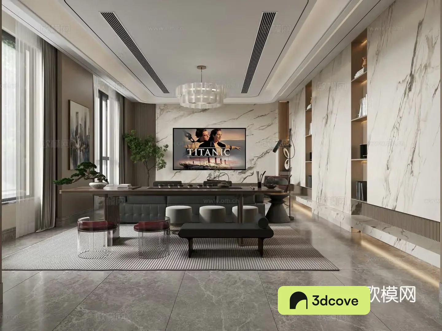 Modern living room tea table chandelier TV background wall