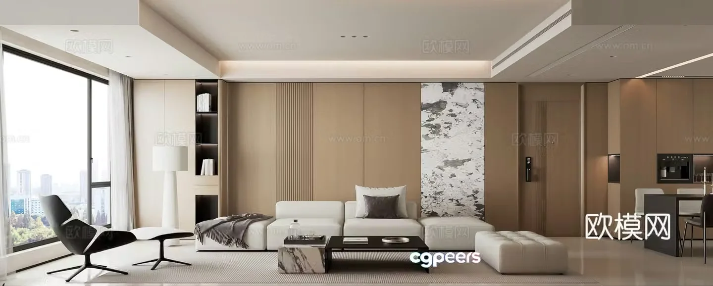 Modern minimalist living and dining room 3D model