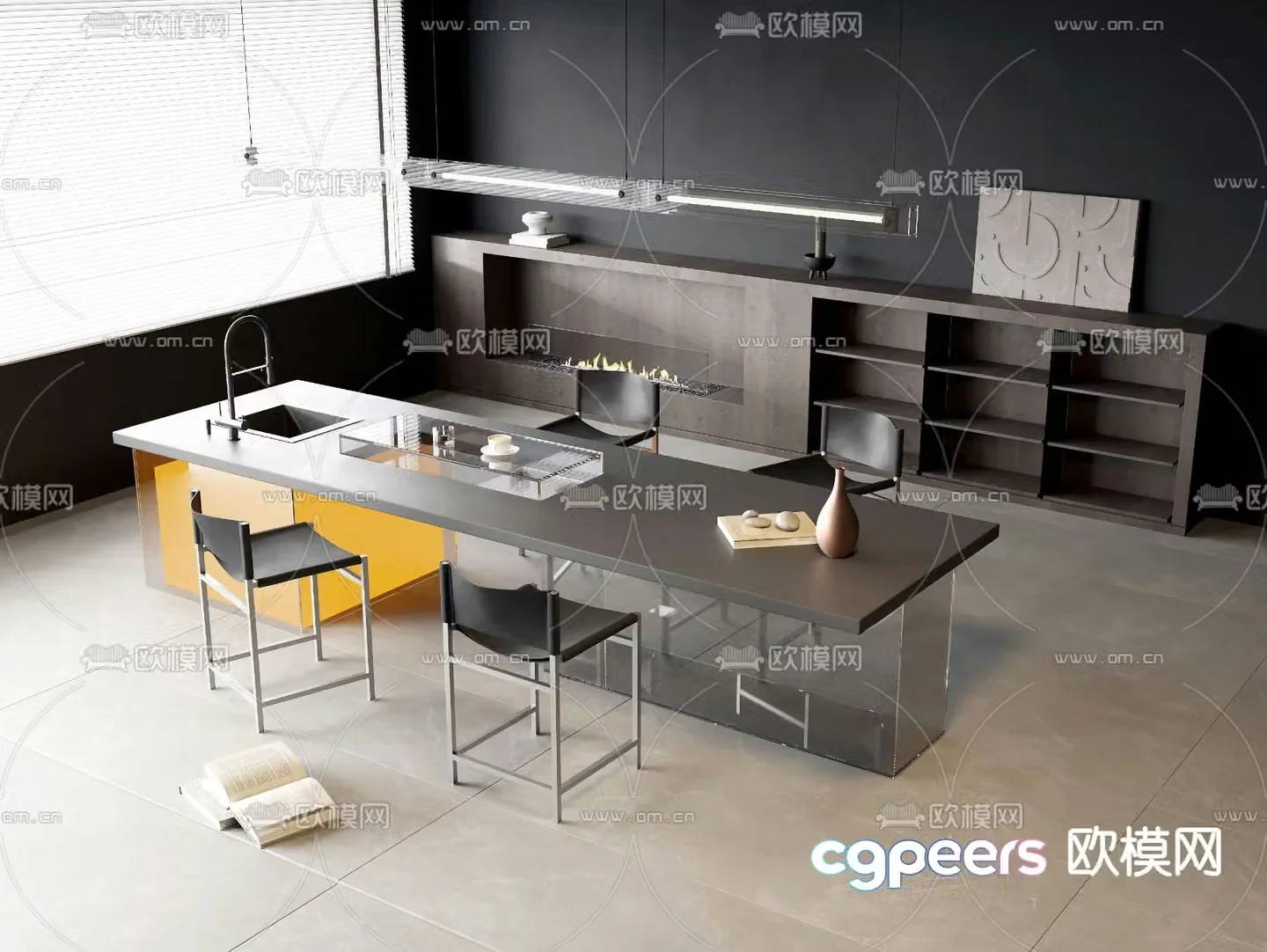 Long dining table and chairs 3d model