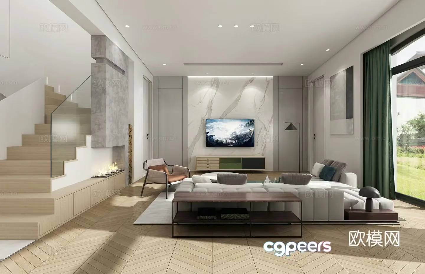 Modern minimalist living and dining room invisible door TV cabinet sofa floor lamp back dining table 3D model