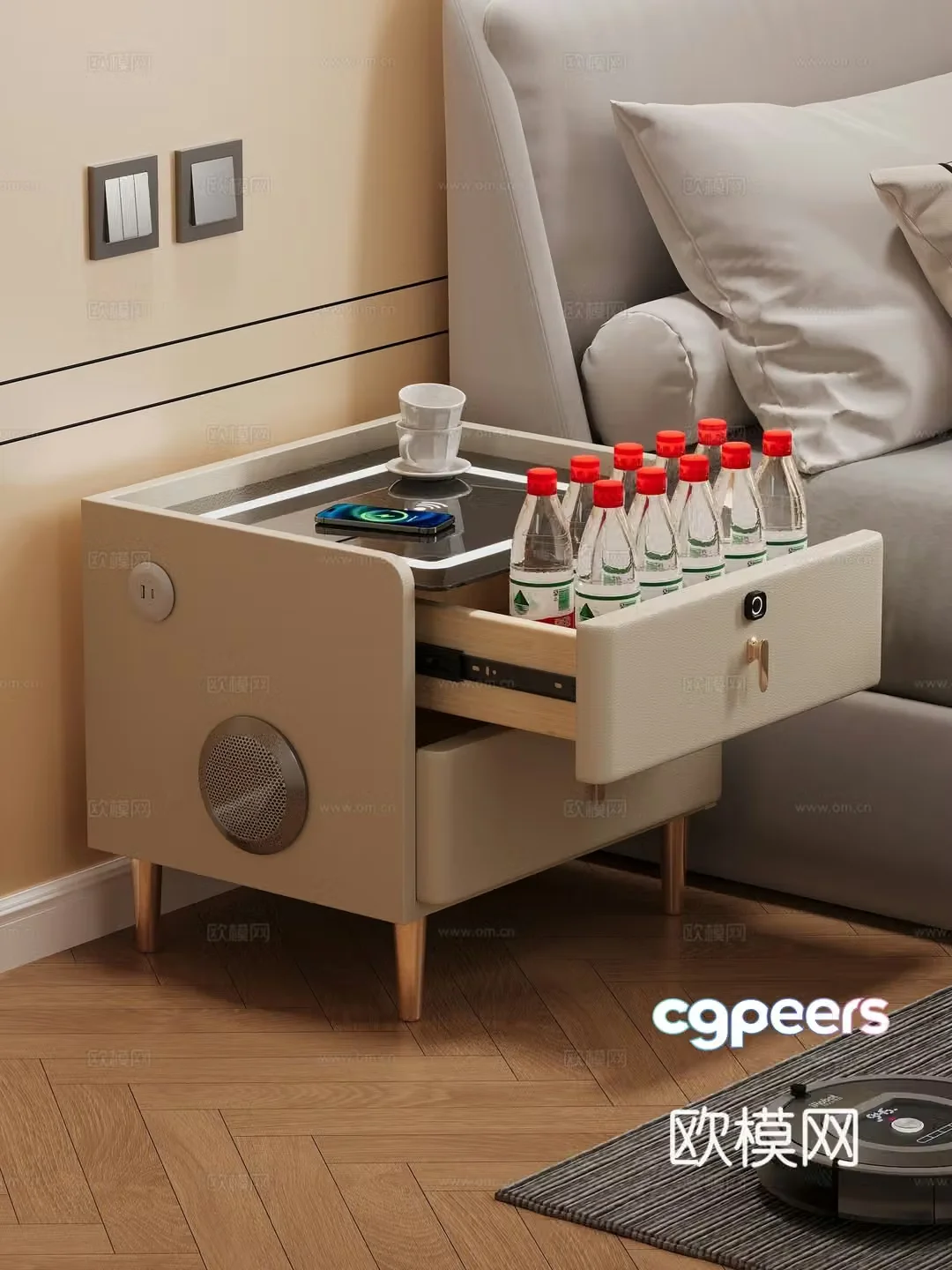 Smart bedside table mobile phone cup mineral water Nongfu Spring audio usb plug drawer slide track slide 3d model