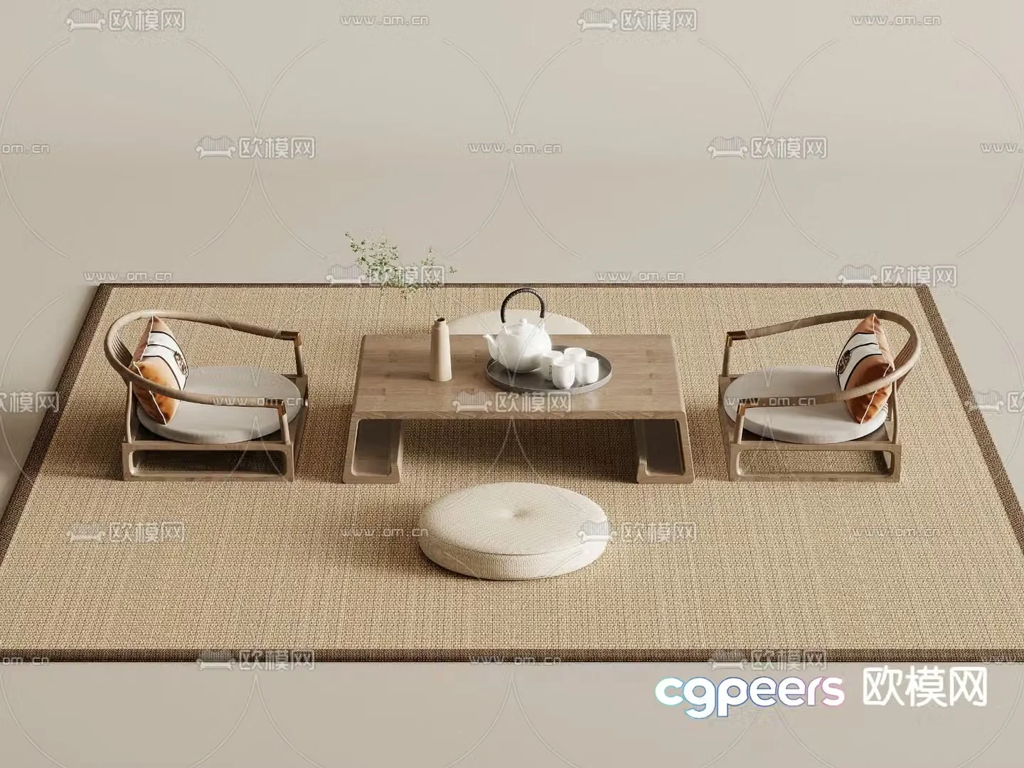 New Chinese style tatami tea table and chairs 3d model