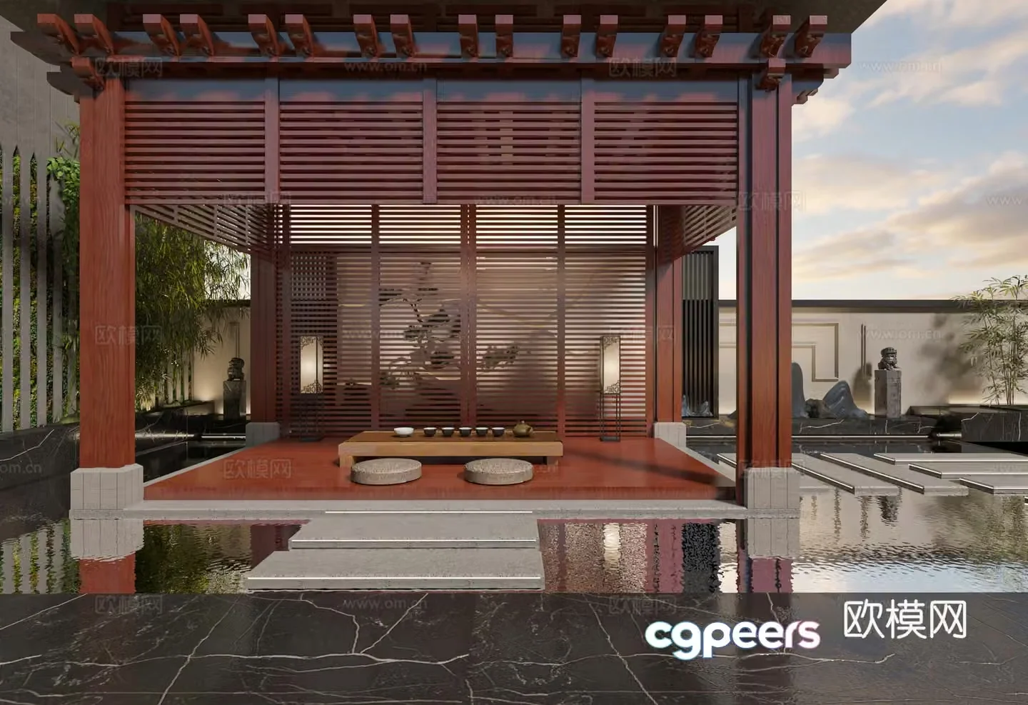 New Chinese style courtyard landscape villa courtyard B&B courtyard 3D model