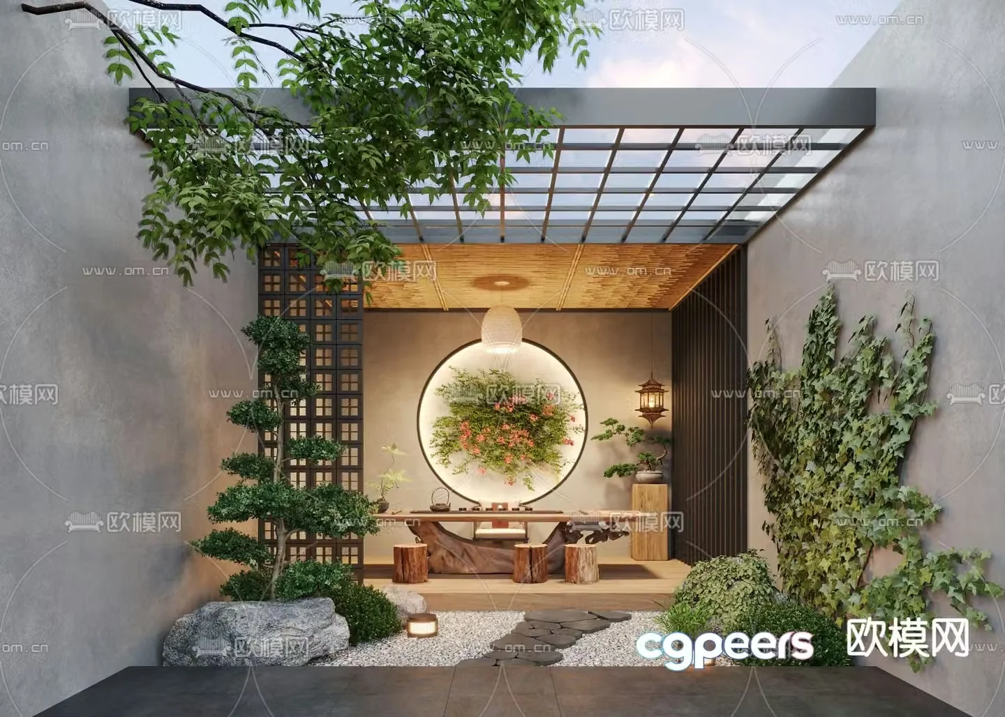 Courtyard landscape patio tea room 3d model