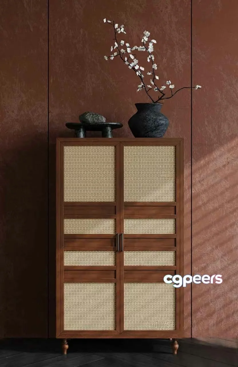 Wooden Cabinet With Cane Doors 3D Model – 11649 – CORONA Render