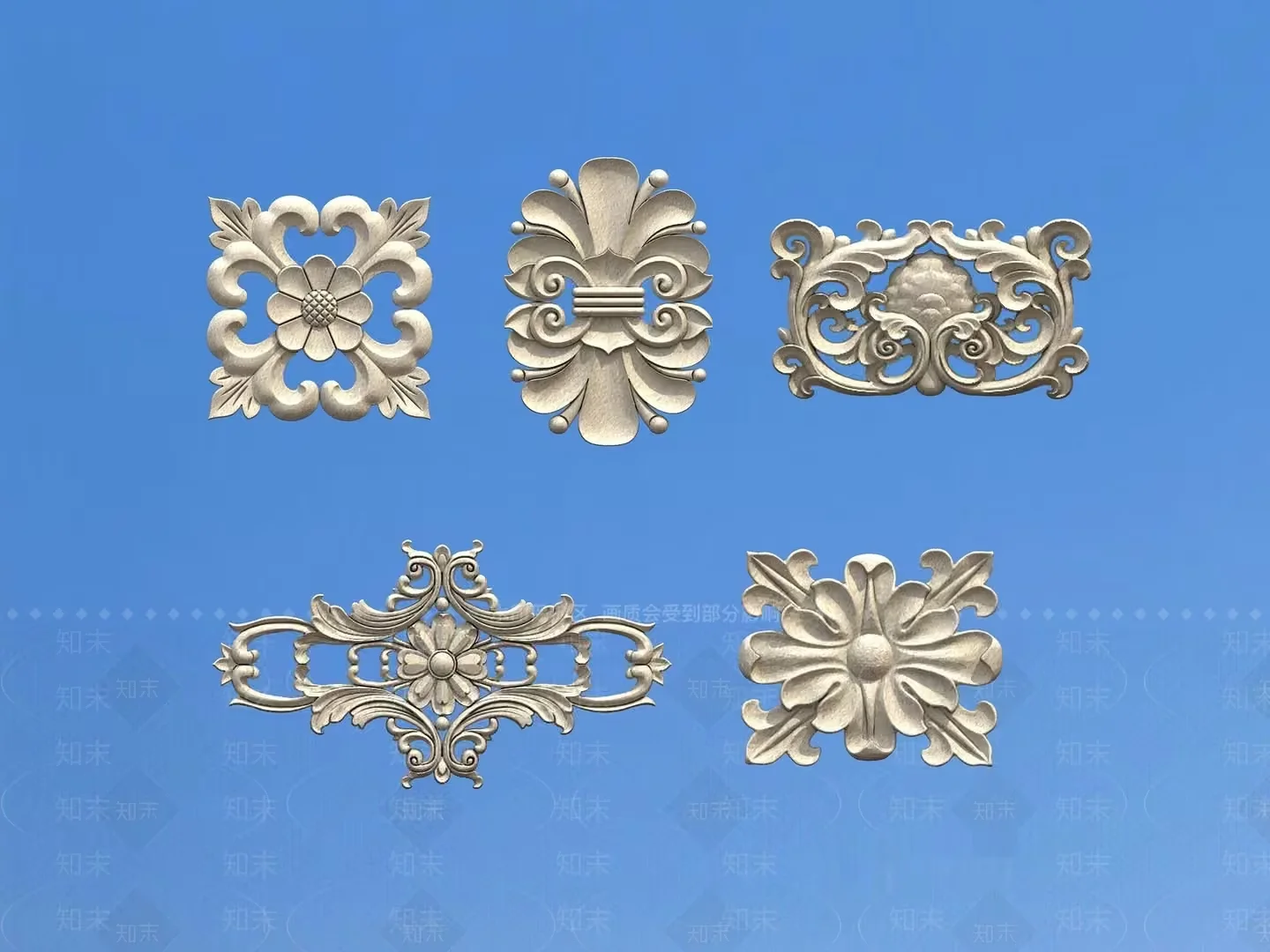 The Image Showcases A Collection Of Decorative Elements Specifically Showcasing A Set Of Five 3D Model – 12453 – VRAY Render