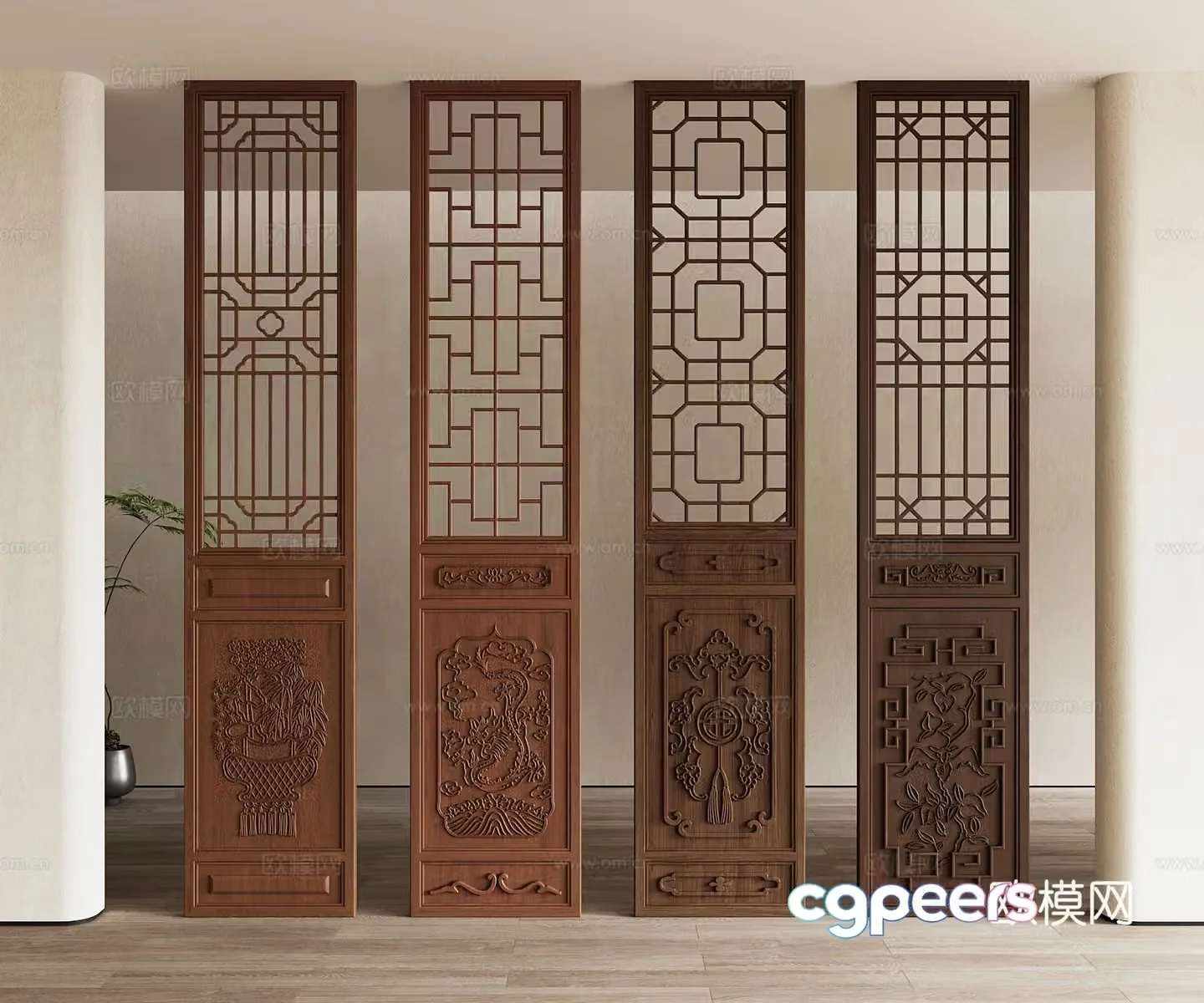 New Chinese style partition screen grid parquet carved wooden partition partition door 3d model