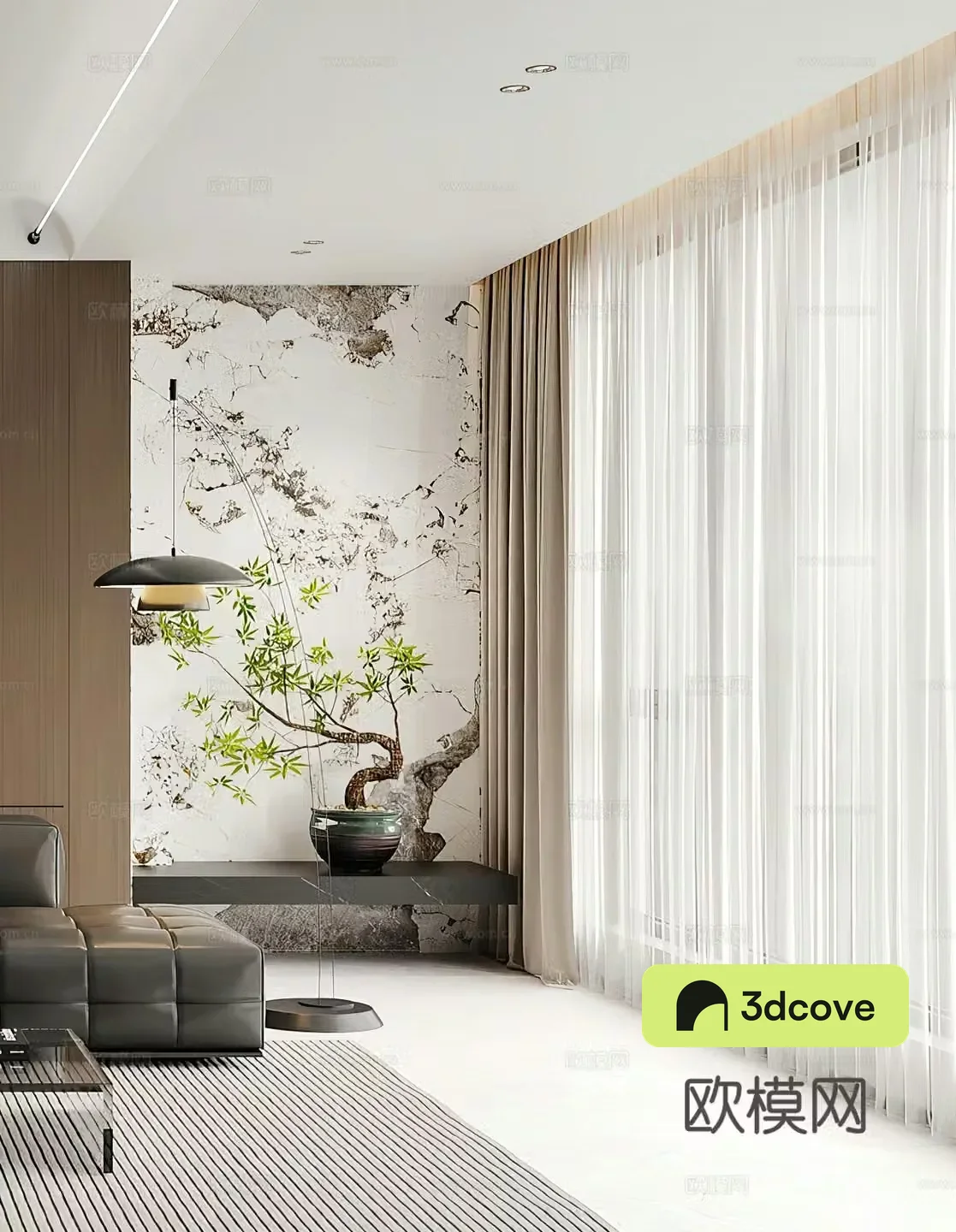 New Chinese style entrance hall opposite wall potted plant end viewing platform floor lamp decorative wall ornament decorative
