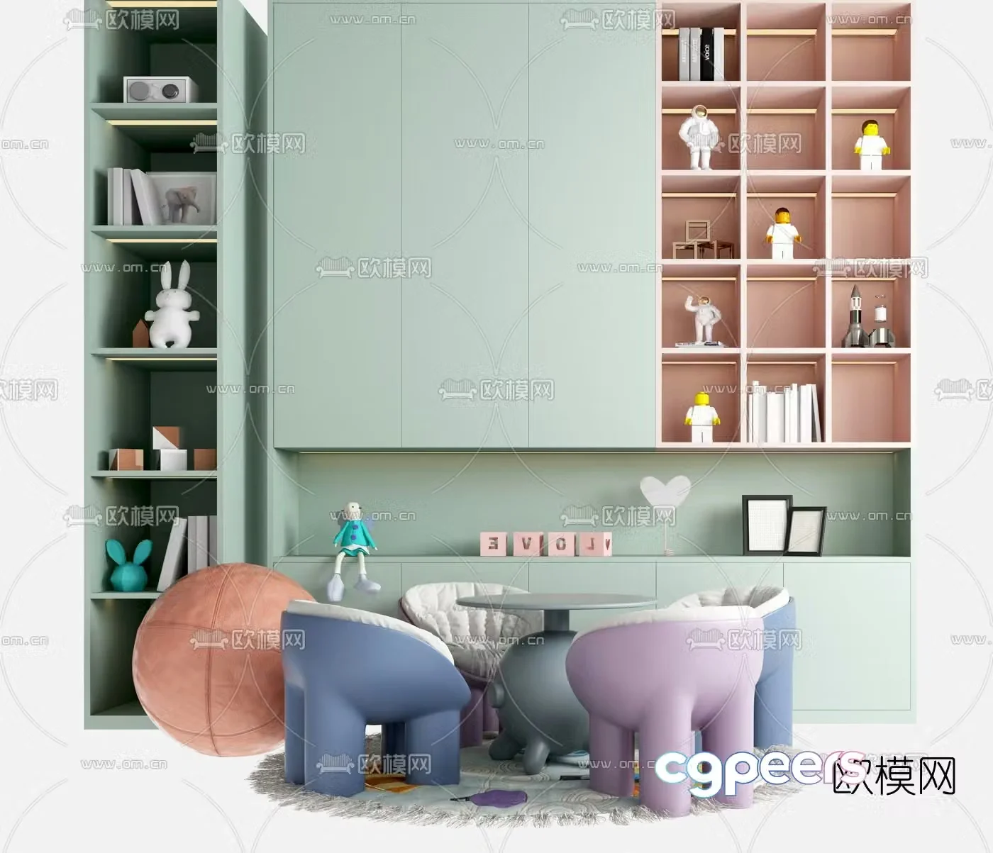 Modern children’s table and chair decorative cabinet 3d model