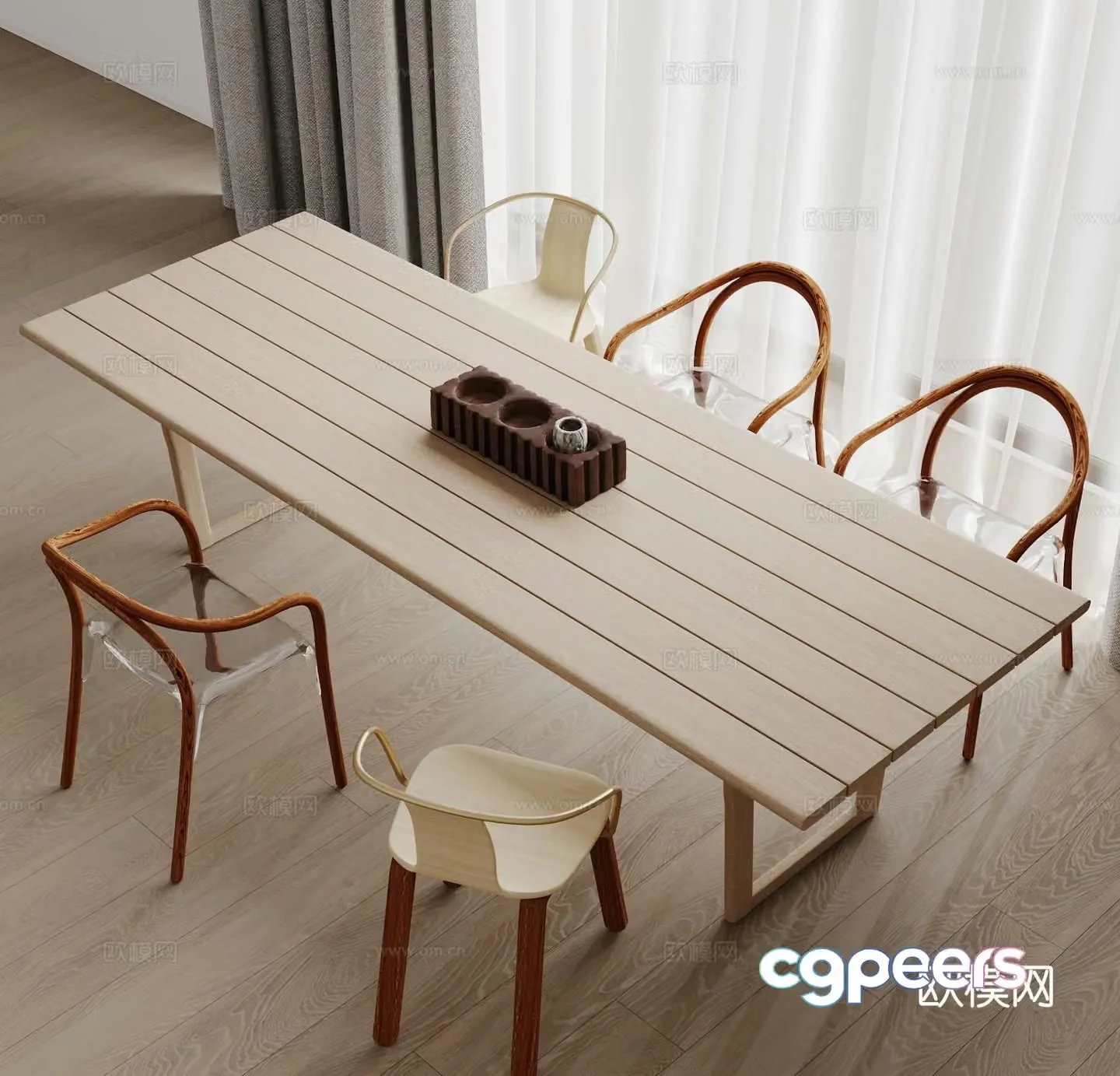 Log dining table and chairs 3d model