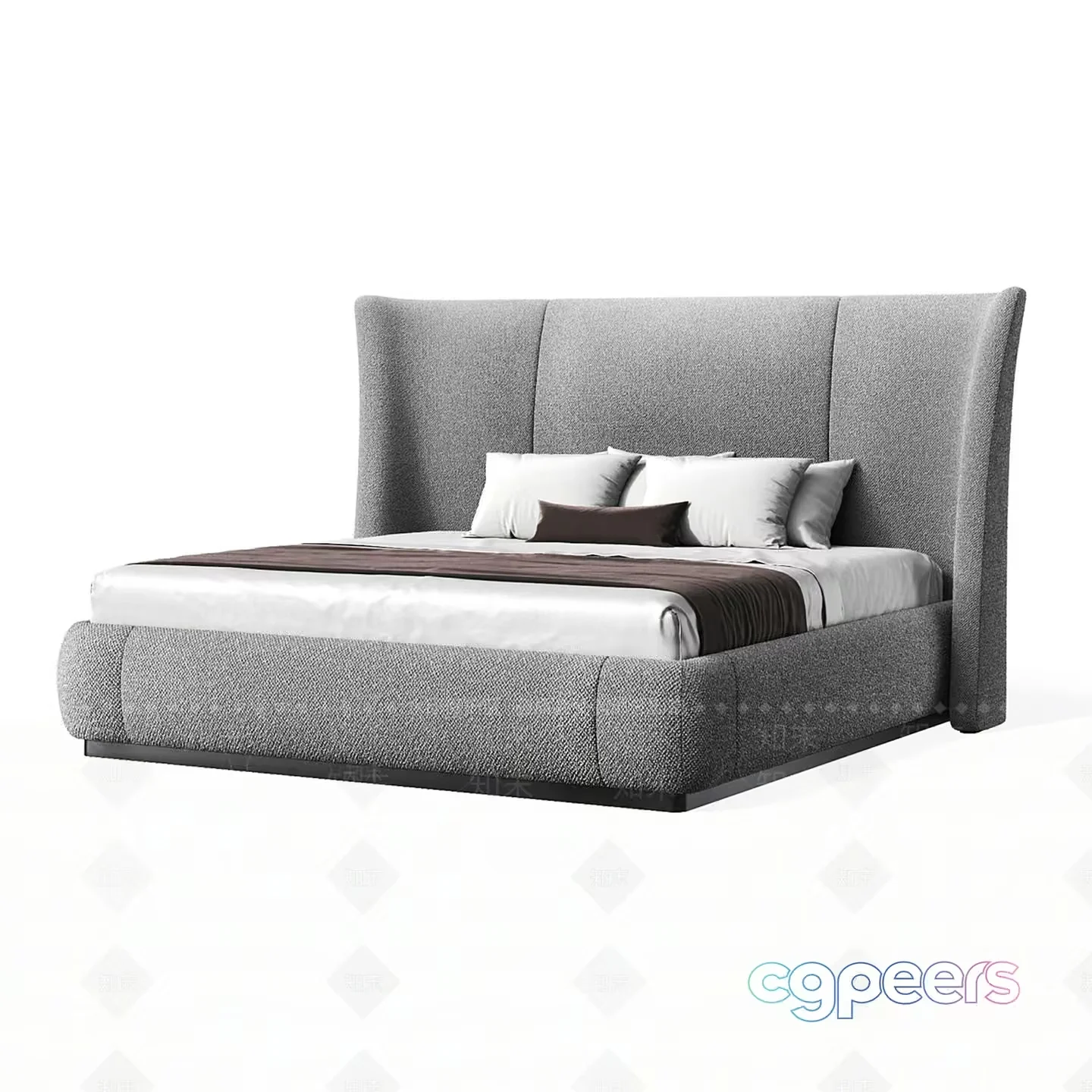 Gray Upholstered Bed 3D Model – 16388 – VRAY Render