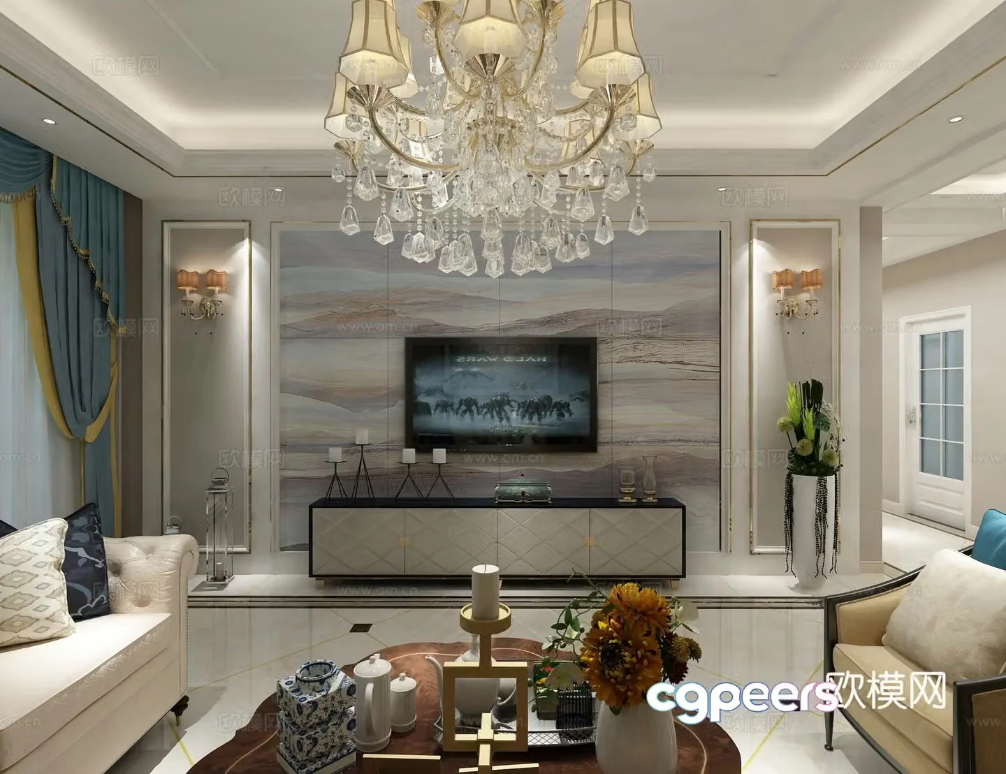 European style living and dining room crystal lamp chandelier TV cabinet sofa coffee table dining table 3D model