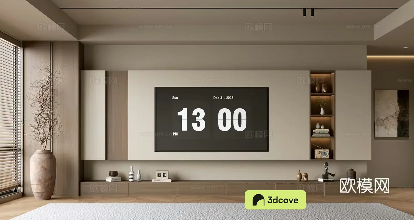 The ancient TV background wall of the TV cabinet and the background wall of the modern Wasabi style living room The ancient style 3D model