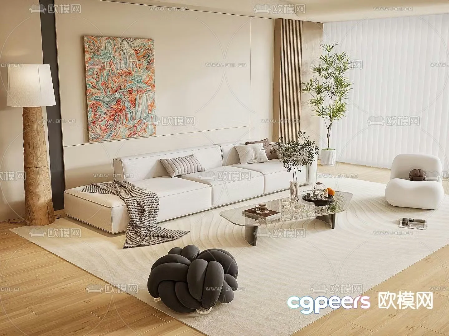 Cream style multi-person sofa 3D model