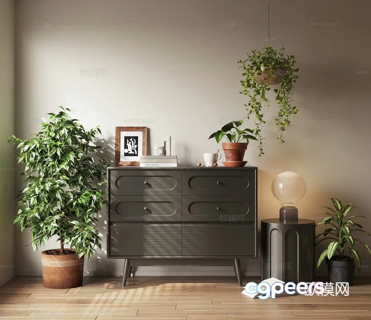 3D model of low cabinet chest cabinet decoration cabinet ornament side potted plants