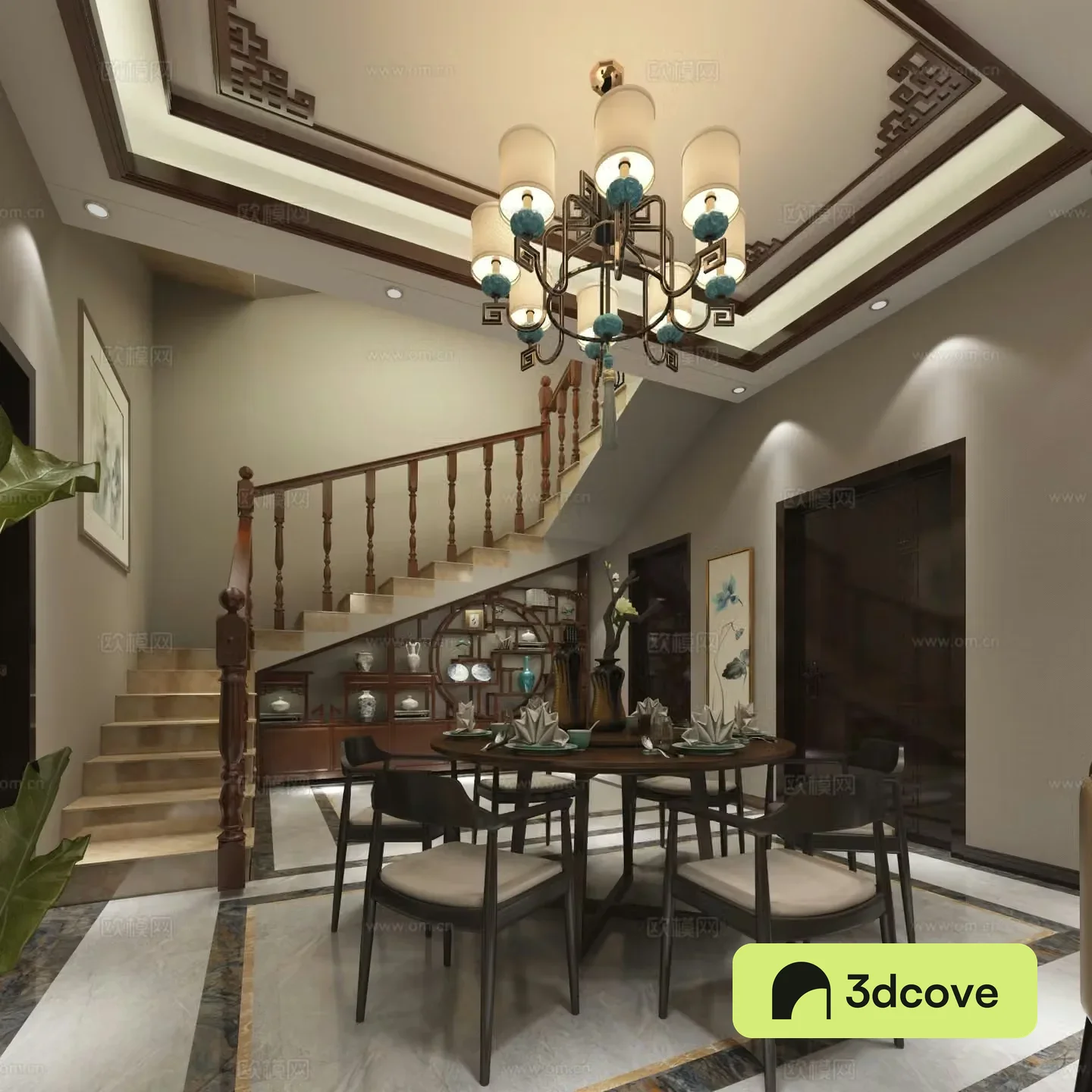 New Chinese style living and dining room herringbone roof chandeliers dining tables and chairs