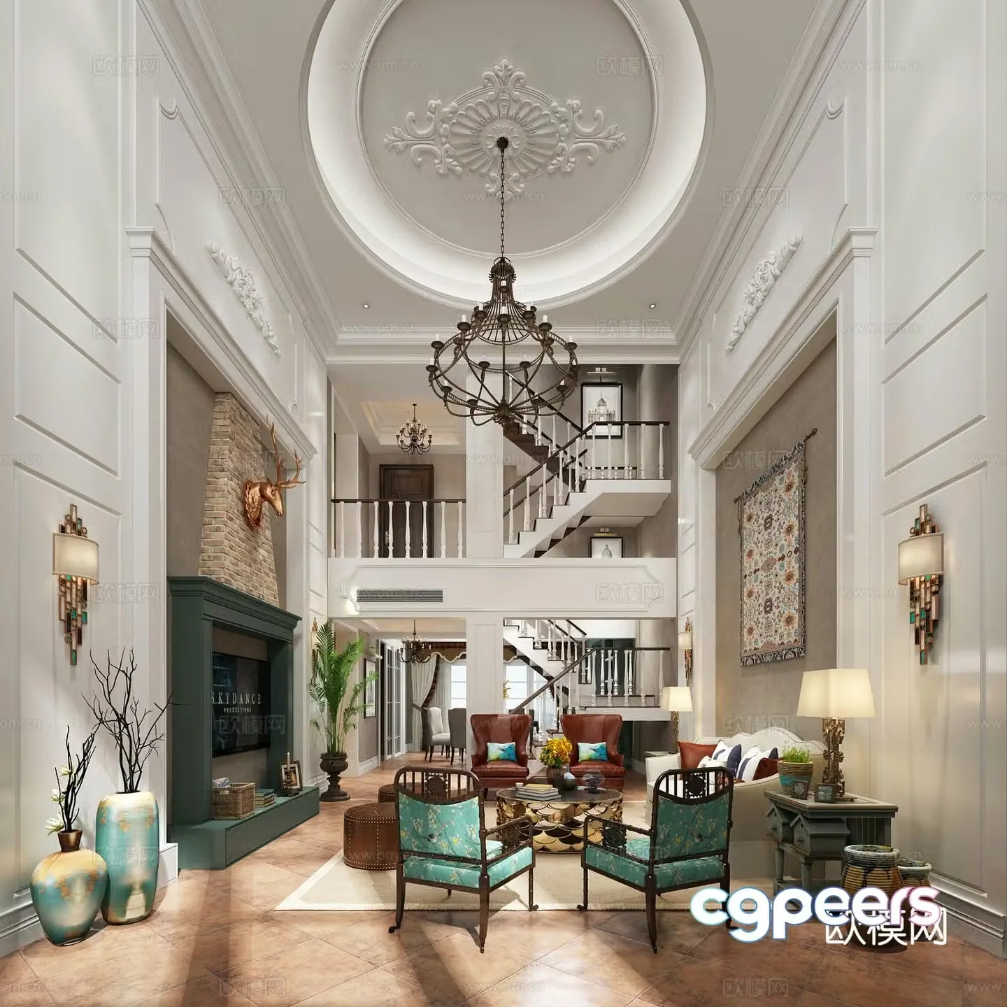 American villa living room 3D model