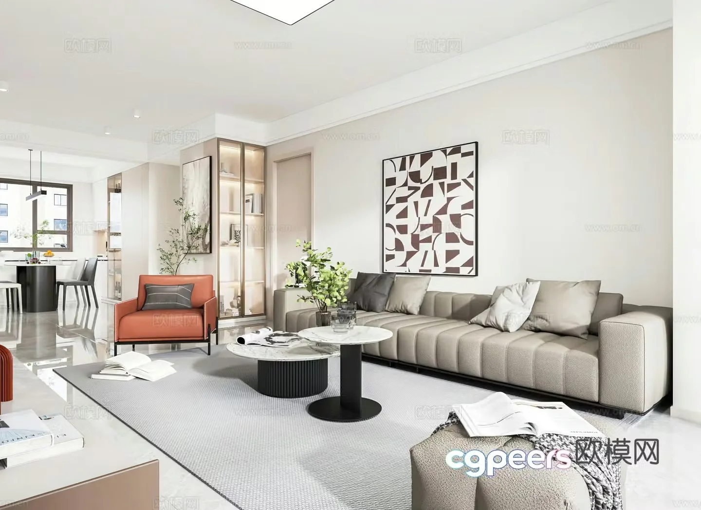 Modern living and dining room open kitchen entrance dry area 3D model