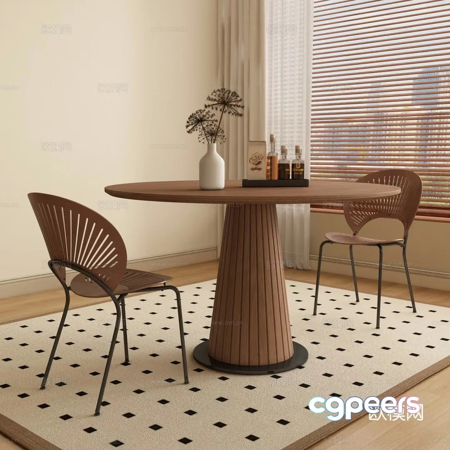 Medium style round dining table and chair 3D model