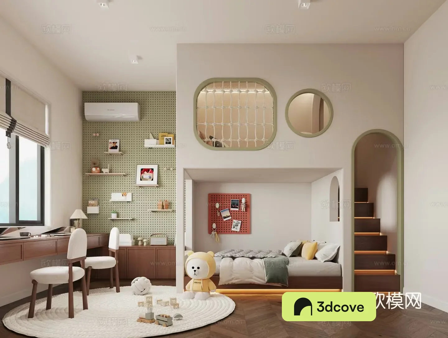 Middle-aged children’s room high and low bed tree house children’s room desk chair laminate rack 3D model