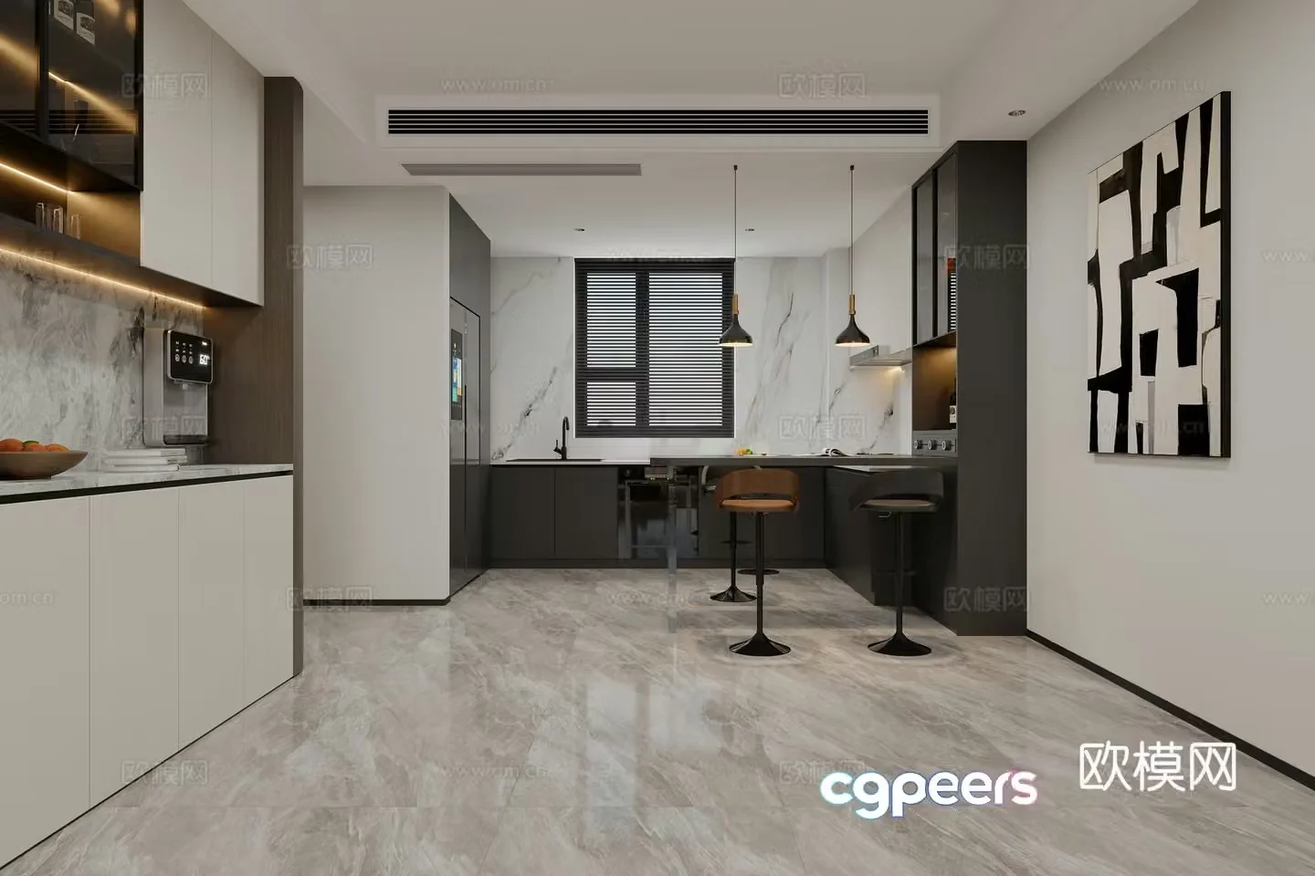 Modern Italian light luxury style open kitchen 3D model