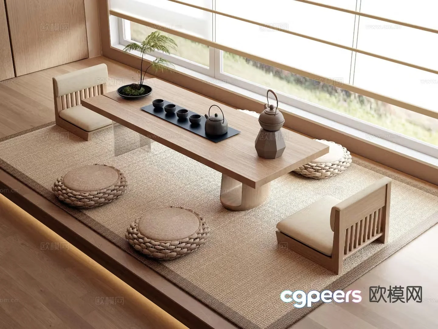 Japanese tea table solid wood tea table tatami 3d model