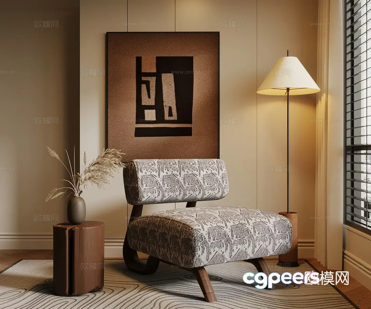 Medium style leisure chair floor lamp side table decorative painting 3D model