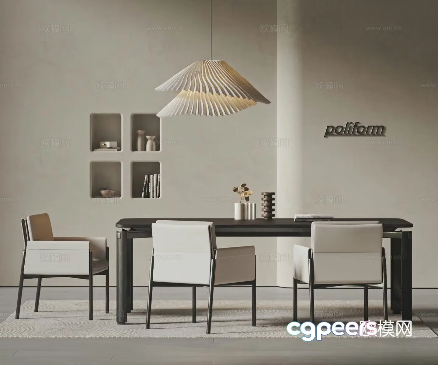 Modern dining table and chair combination Italian dining table and chair rectangular dining table leather chair chandeliers carpet 3d model
