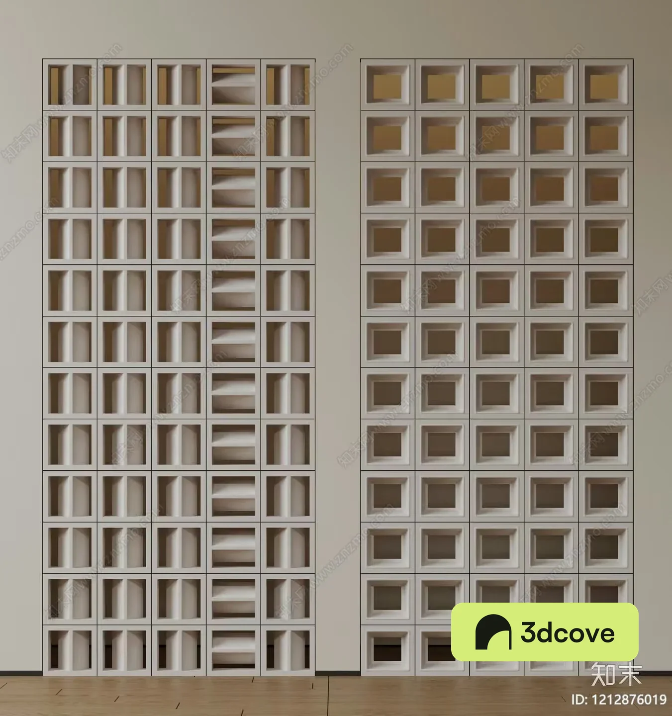 A Tall White Shelving Unit With Square Compartments