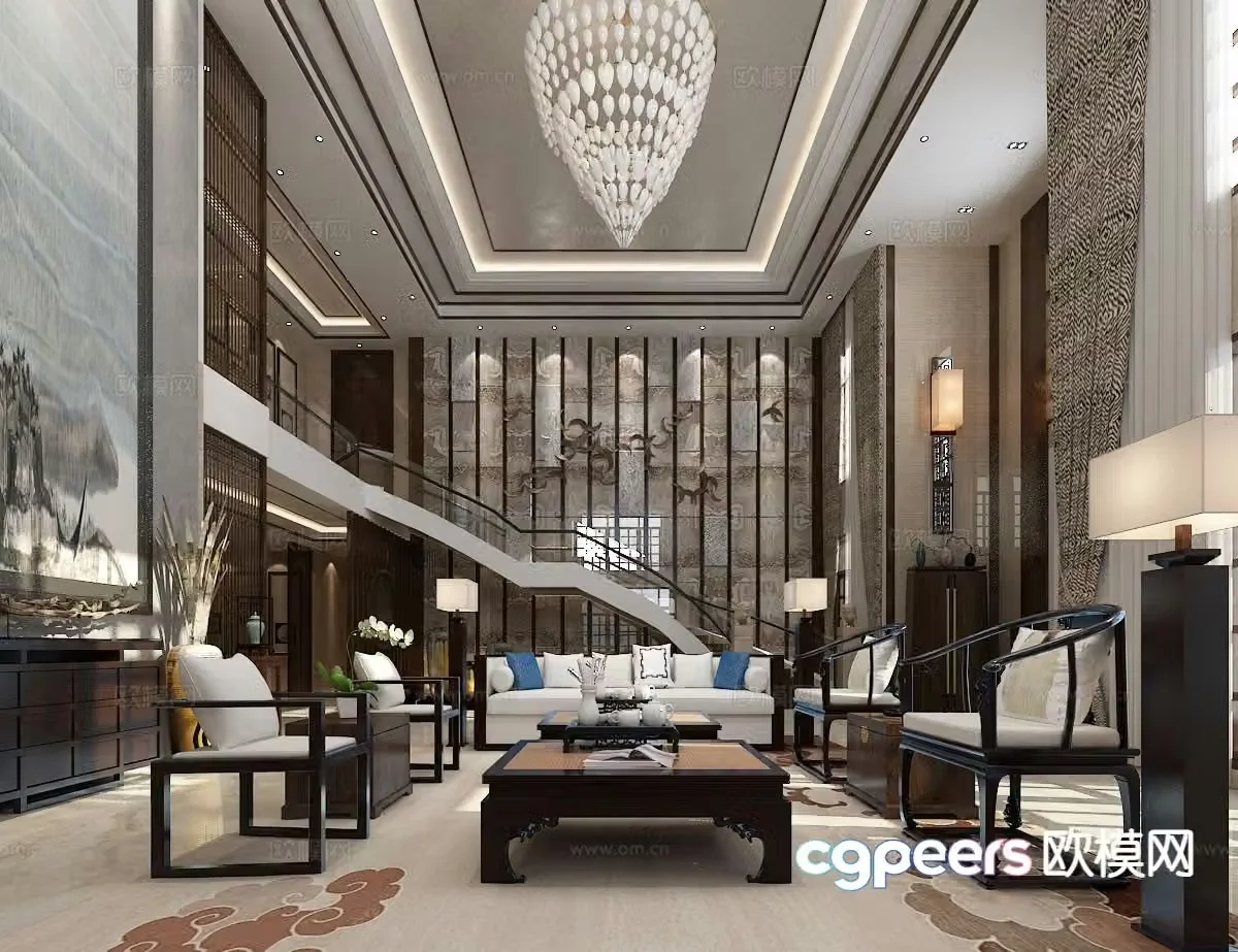 New Chinese style villa living room 3D model