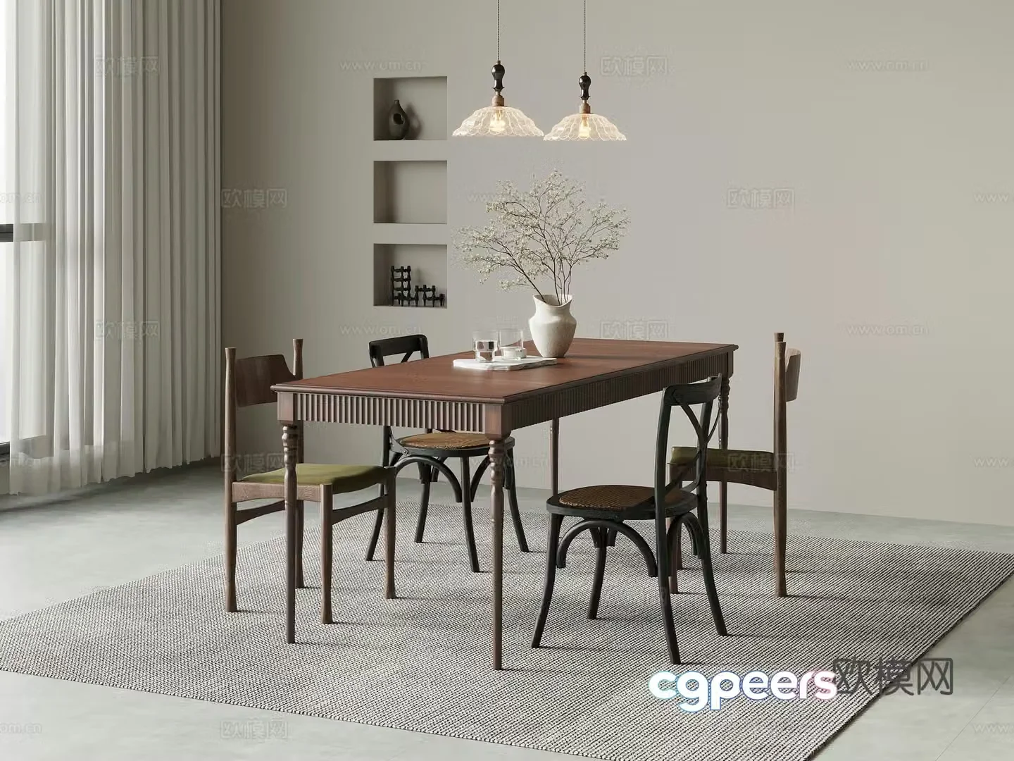 Dining table and chair combination retro style dining table and chair 3D model