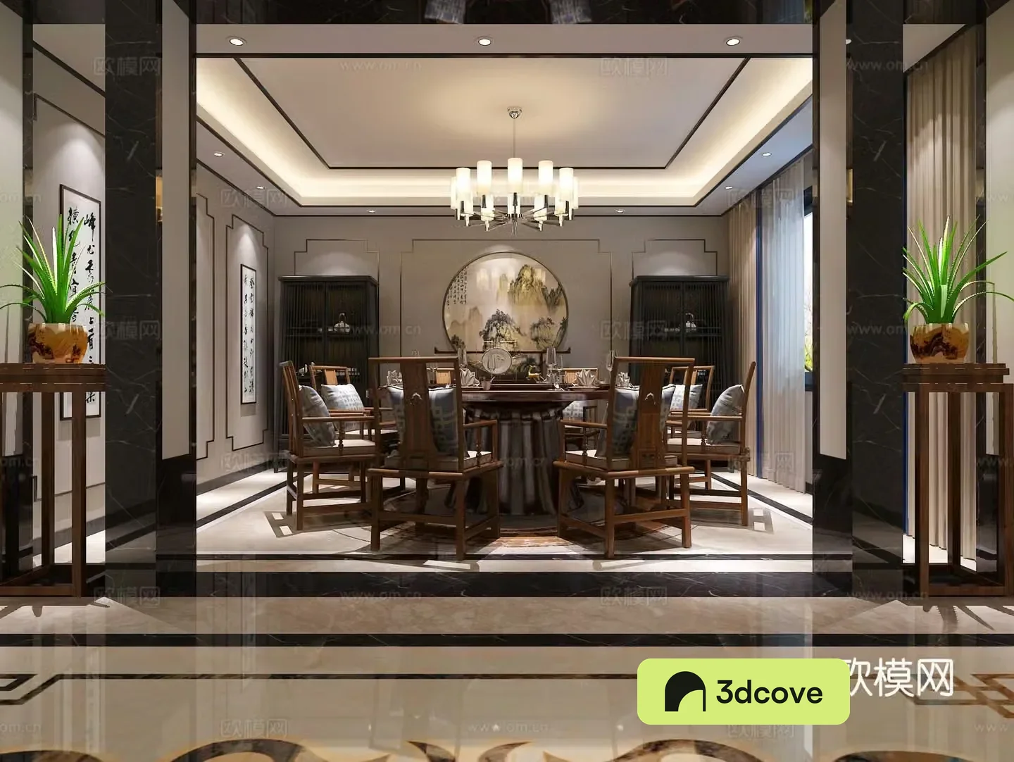 New Chinese style living room empty living room Chinese chandeliers dining tables and chairs living room