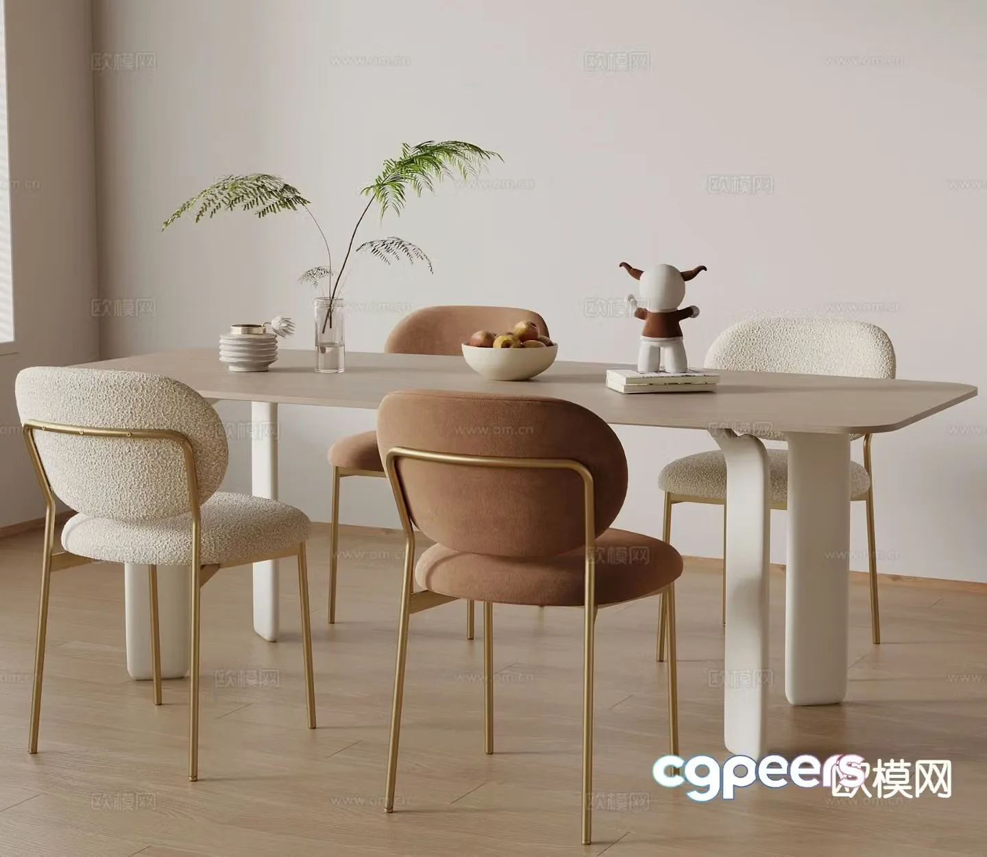 Cream style dining table and chairs strip dining table 3d model