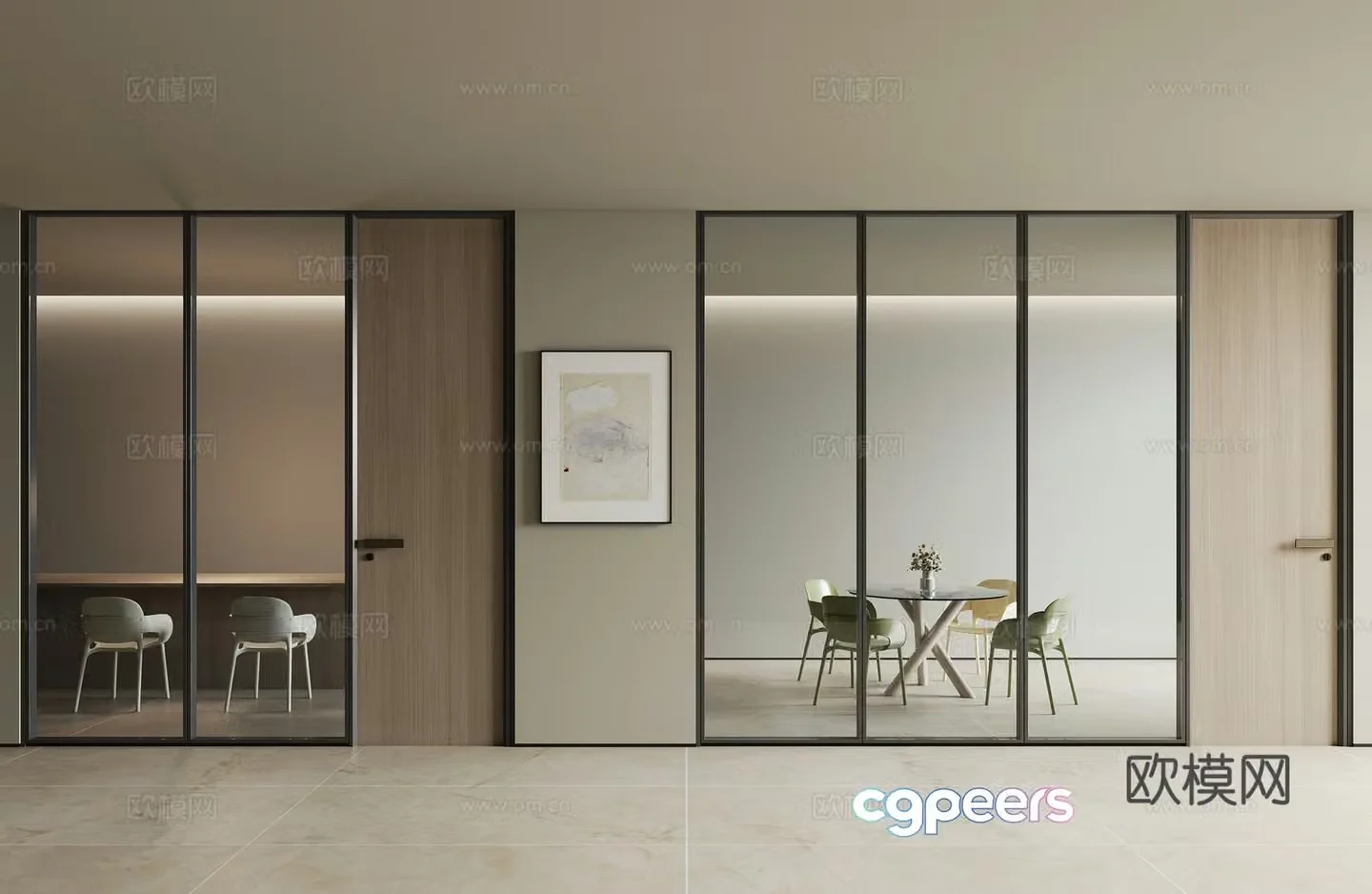 Modern office glass partition door wooden door negotiation table and chair decorative painting 3d model
