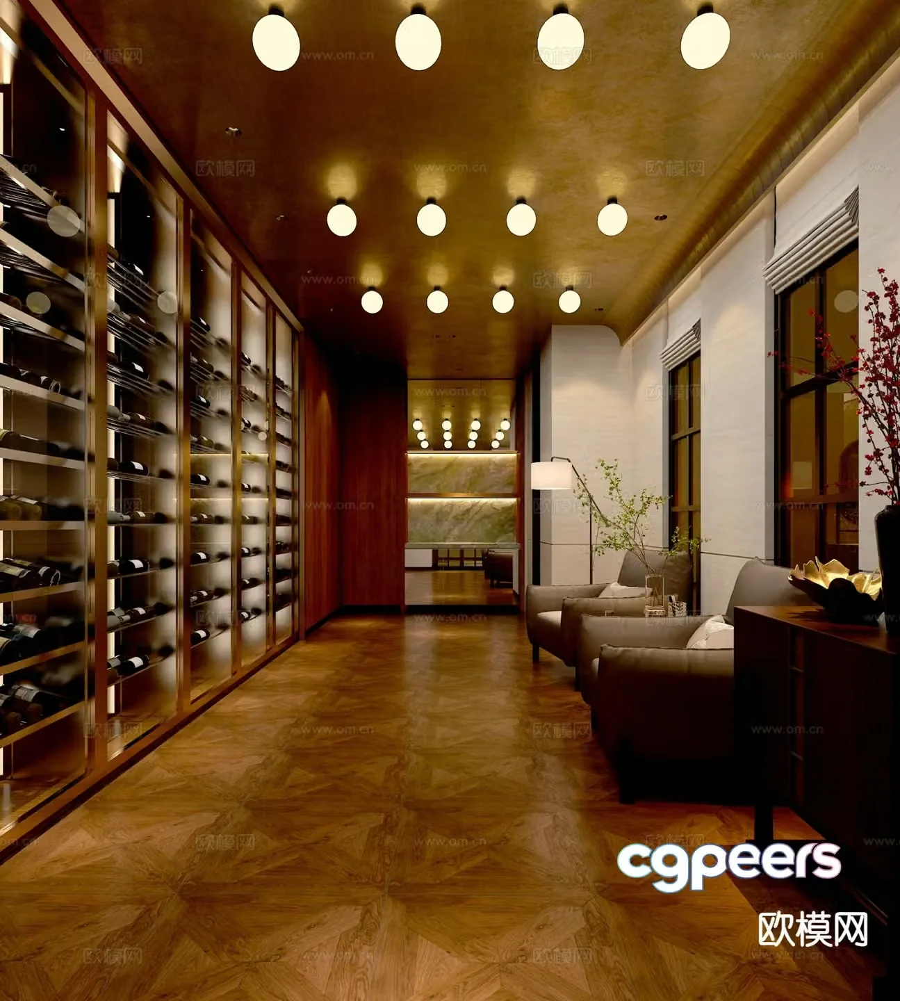 3D model of the tea room wine cellar and stairwell on the first floor of the new Chinese-style villa