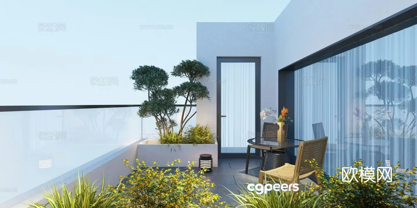 modern roof garden courtyard terrace 3d model