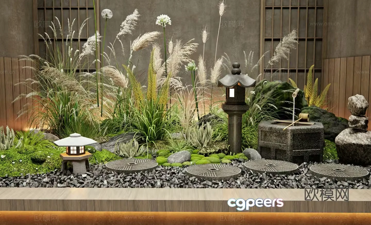 Japanese interior landscape courtyard sketch reed plant combination tingstep stone water bowl flower 3D model