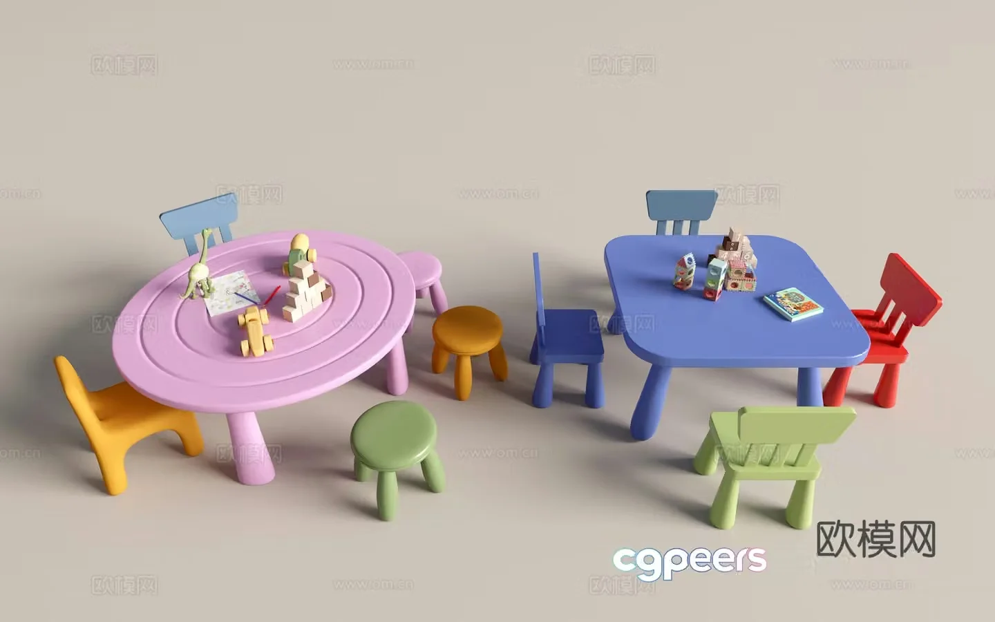 Modern kindergarten table and chairs kindergarten toys child seat combination children’s handmade table cartoon table 3d model