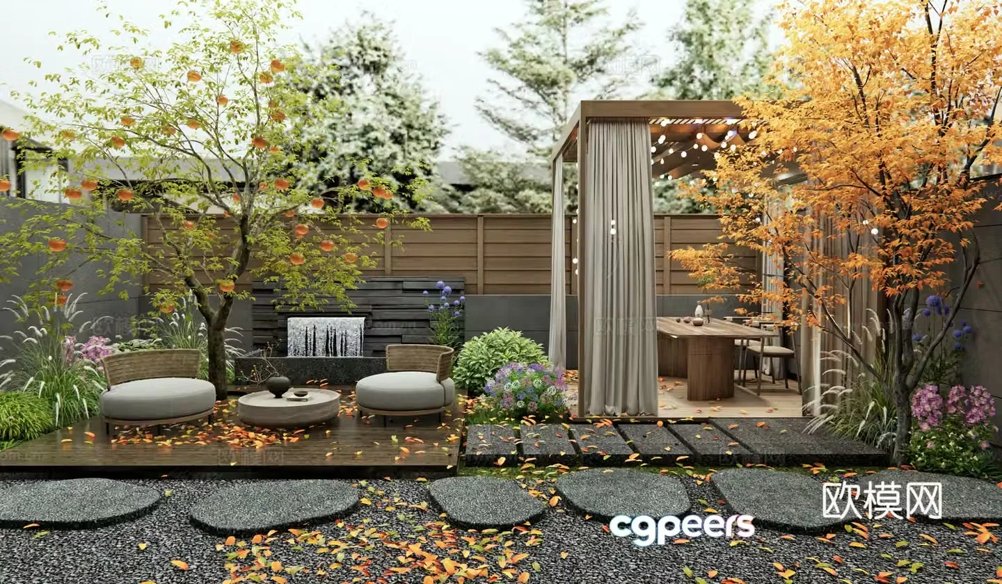 Wasabi Garden Garden Outdoor Sofa Persimmon Tree Gallery Wolftail Grass Flowers and Grass Shrubs 3D Model