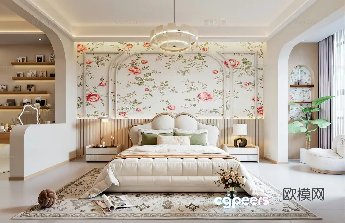 French style bedroom with cloakroom bedside background wall double bed cloakroom chandeliers balcony lazy 3d model